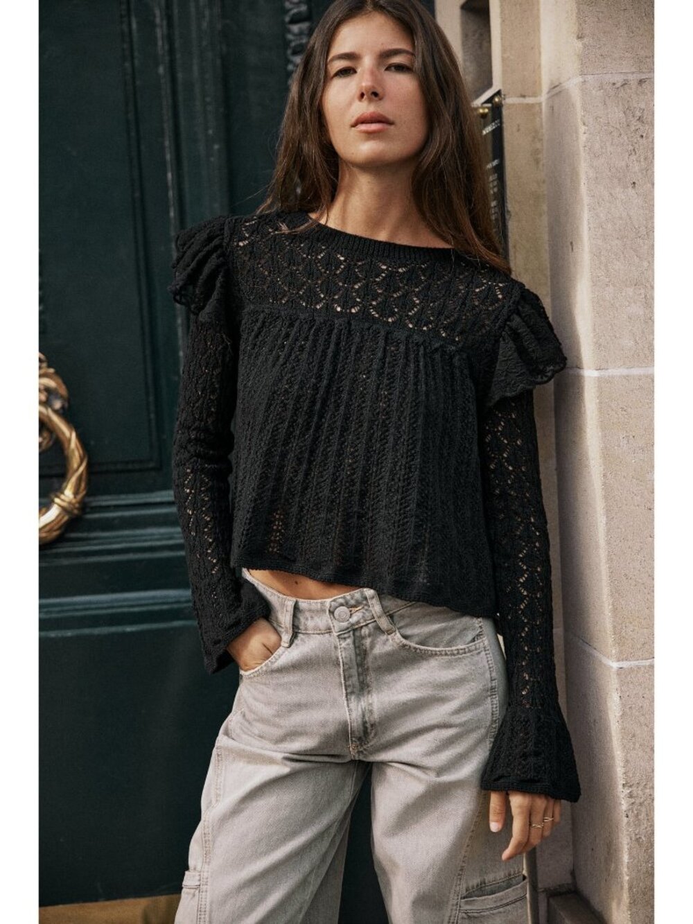 Zara Black Pointelle Ruffle Long Sleeve Semi Crop Top